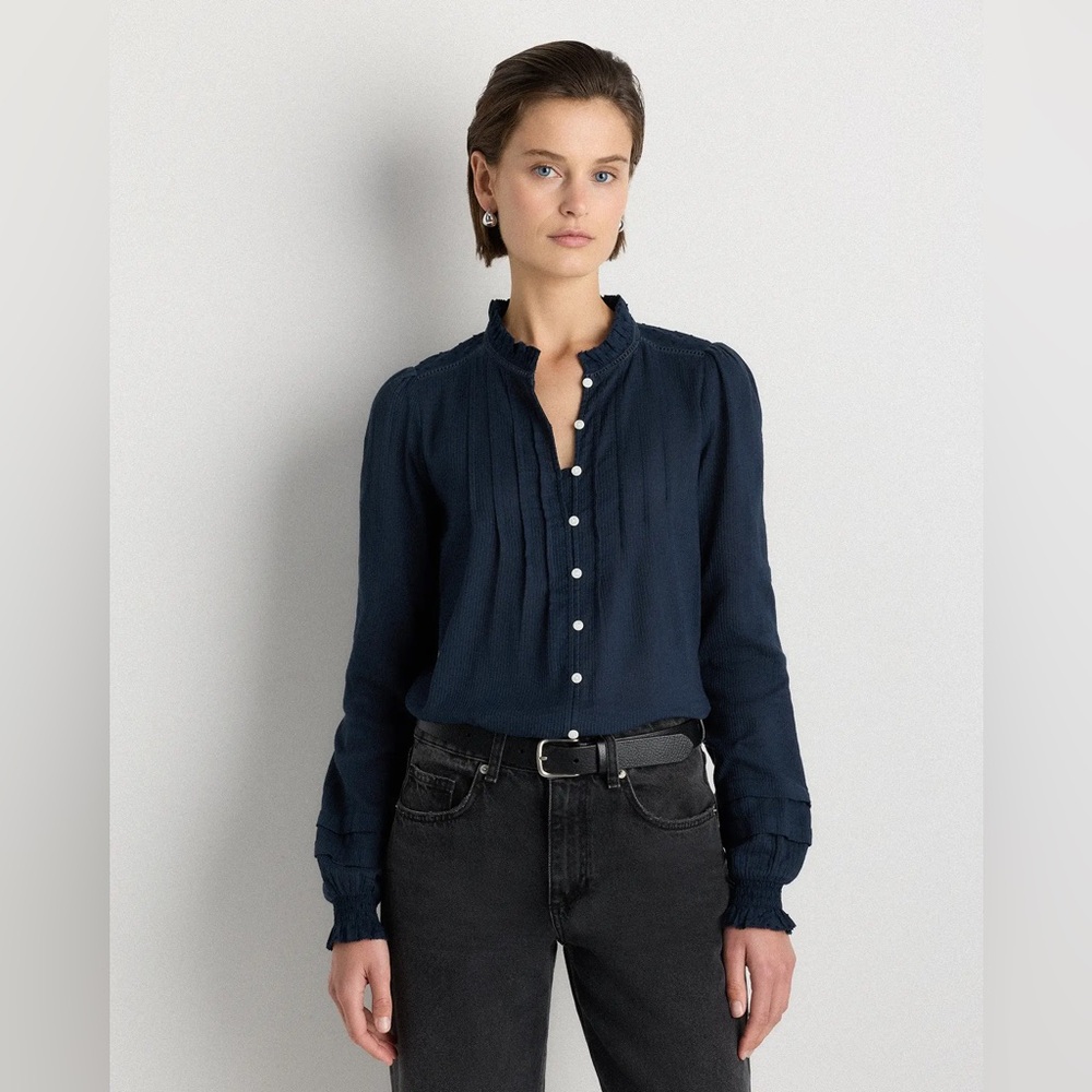 Quince Women's Navy Peasant Blouse Size Medium Organic Cotton